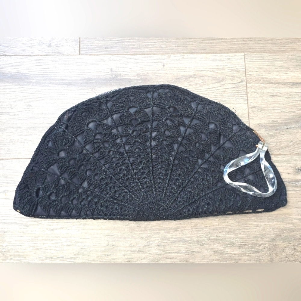Vintage 1940's Large Half Moon Corded Clutch Purse Crochet Carved Lucite Pull - Picture 1 of 7